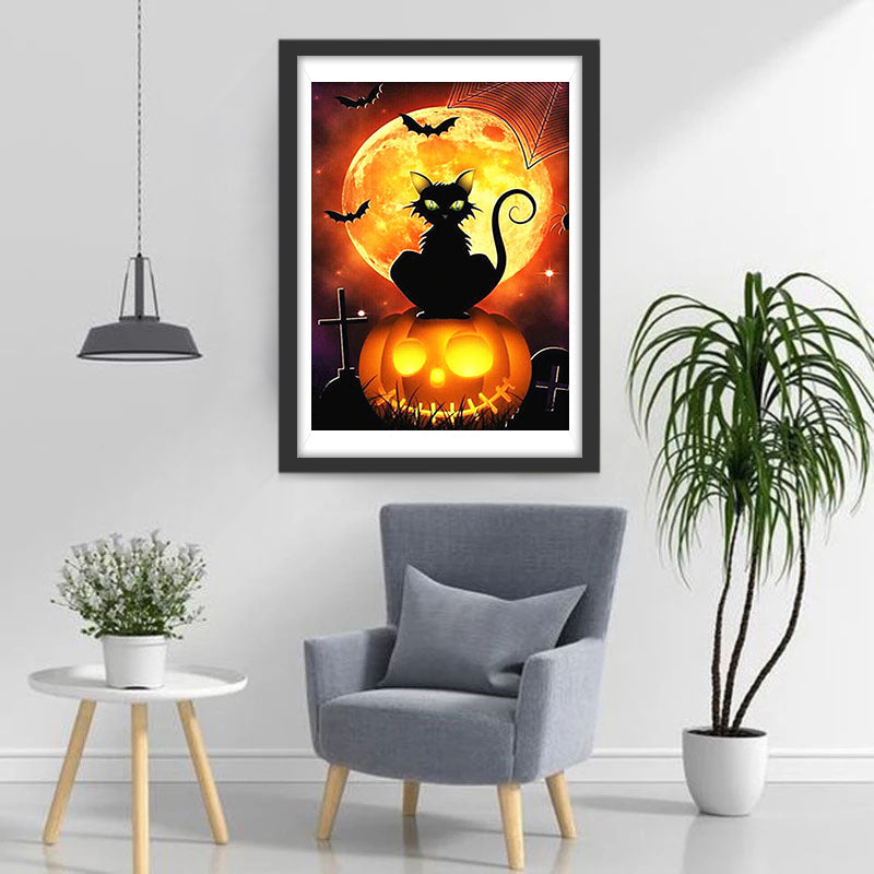 Schwarze Katze, Kürbislaterne und Vollmond Diamond Painting