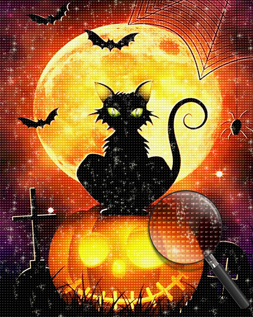 Schwarze Katze, Kürbislaterne und Vollmond Diamond Painting