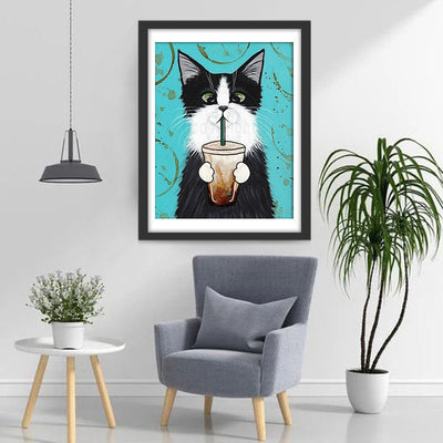 Schwarze Katze mit Kaffee Diamond Painting