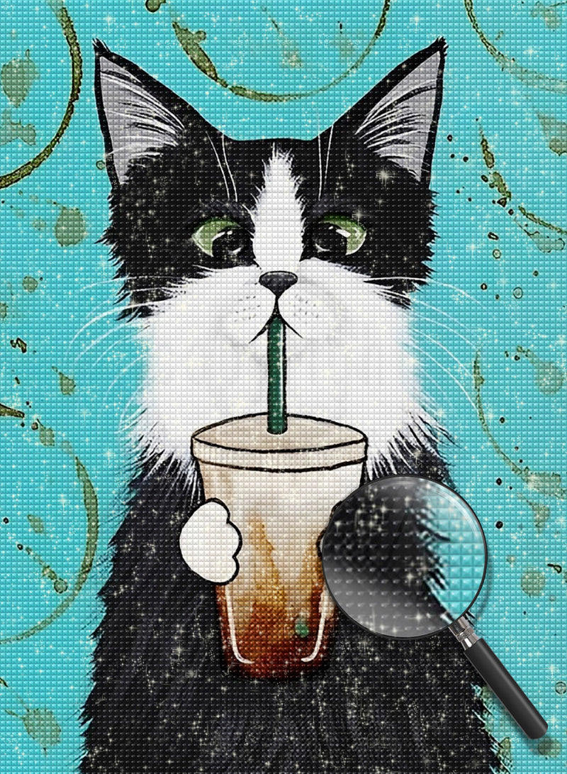 Schwarze Katze mit Kaffee Diamond Painting