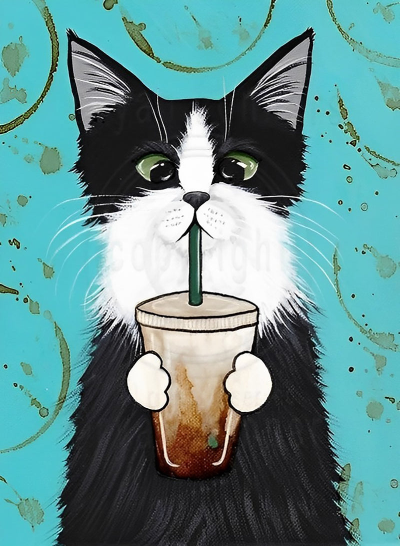 Schwarze Katze mit Kaffee Diamond Painting
