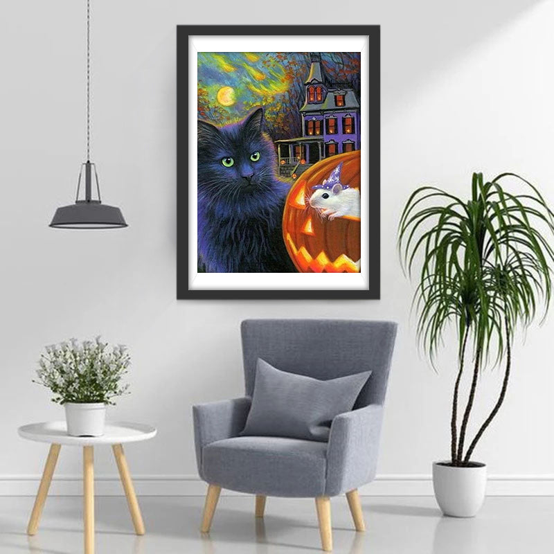 Schwarze Katze, Schloss und Kürbislaterne Diamond Painting