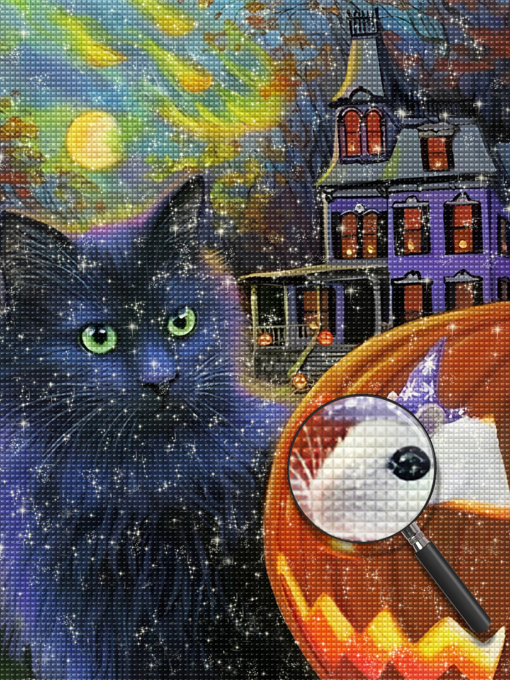 Schwarze Katze, Schloss und Kürbislaterne Diamond Painting