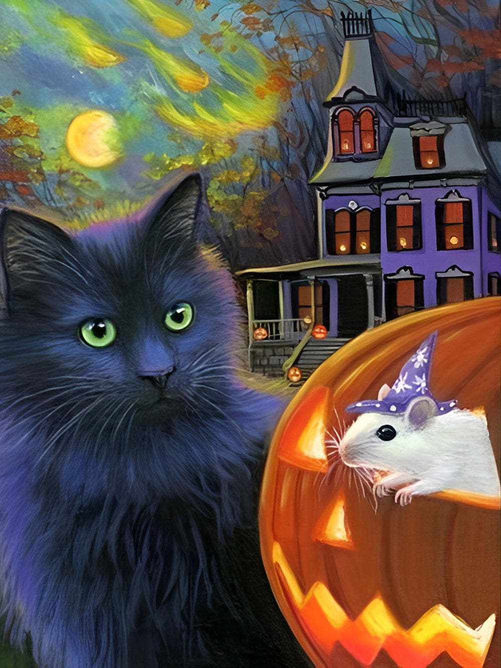 Schwarze Katze, Schloss und Kürbislaterne Diamond Painting