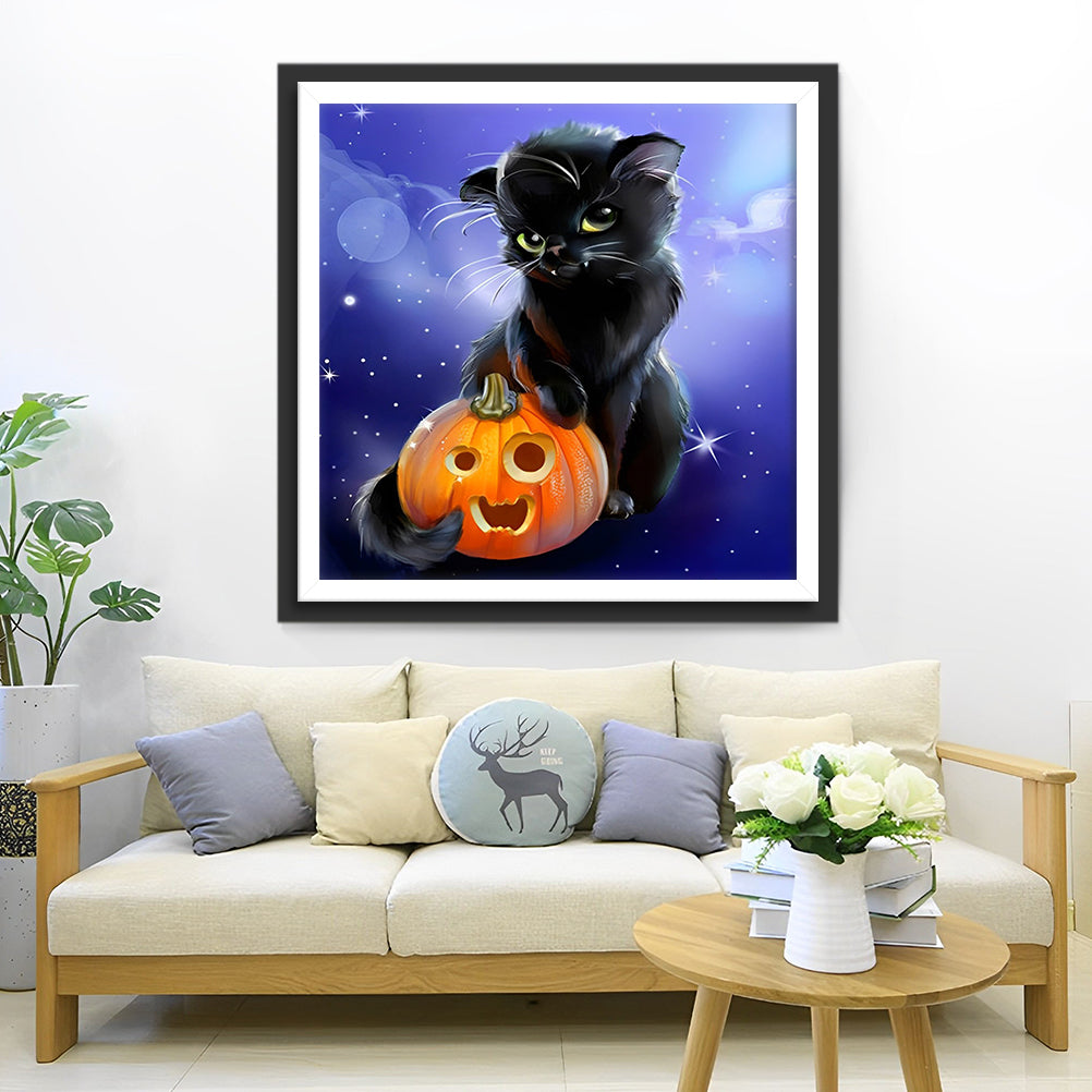 Schwarze Katze und Dämon-Kürbis Diamond Painting
