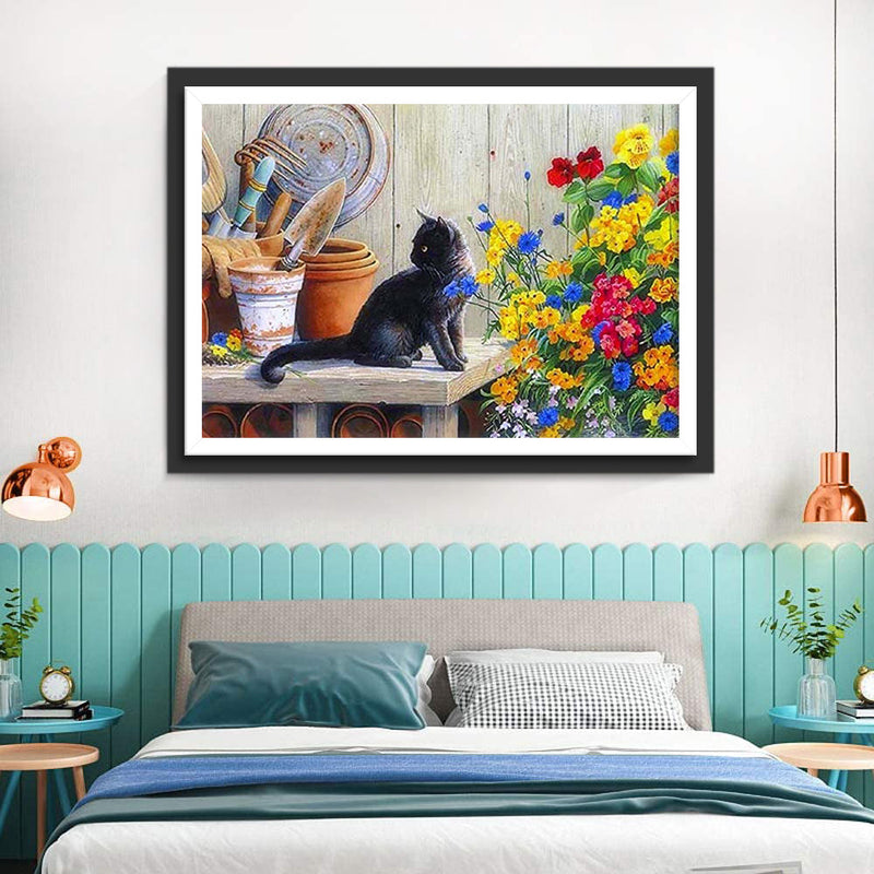 Schwarze Katze und Gartengeräte Diamond Painting