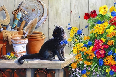 Schwarze Katze und Gartengeräte Diamond Painting