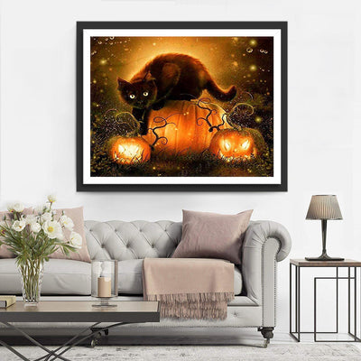 Schwarze Katze und Kürbislaternen Diamond Painting