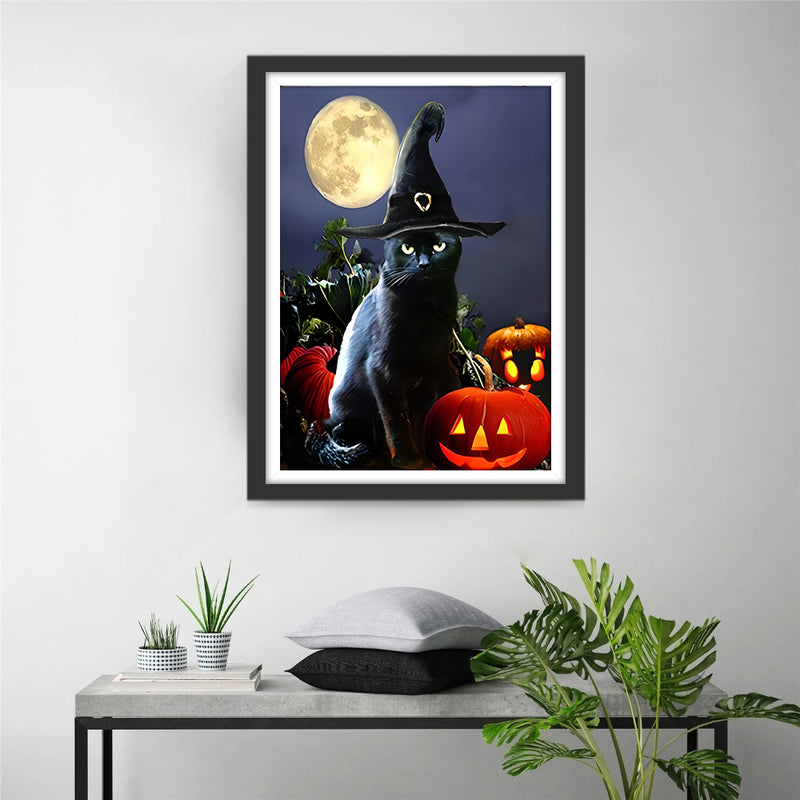 Schwarze Katze und Kürbislaternen in der Nacht Diamond Painting