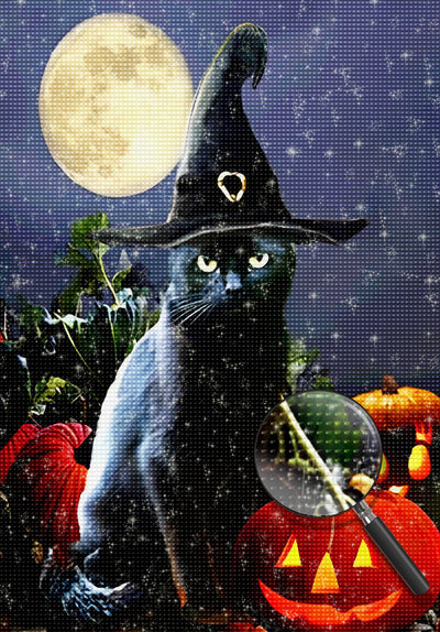 Schwarze Katze und Kürbislaternen in der Nacht Diamond Painting