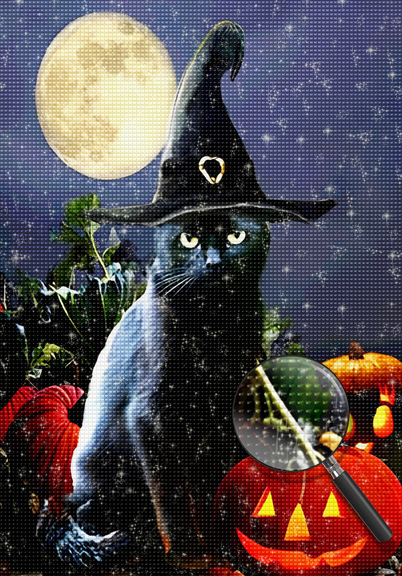Schwarze Katze und Kürbislaternen in der Nacht Diamond Painting