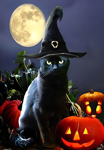 Schwarze Katze und Kürbislaternen in der Nacht Diamond Painting