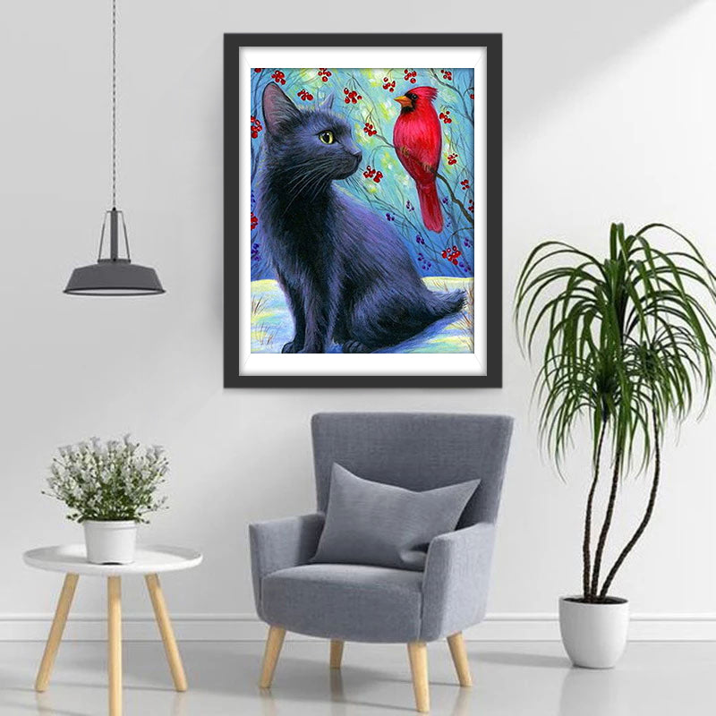 Schwarze Katze und roter Vogel Diamond Painting