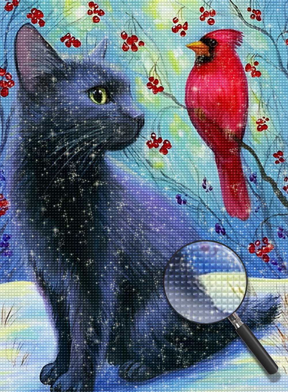Schwarze Katze und roter Vogel Diamond Painting