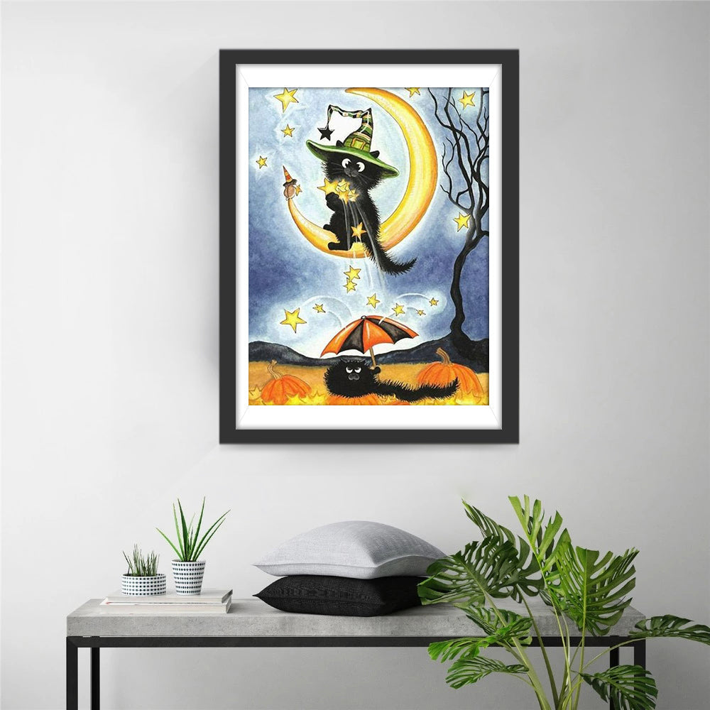 Schwarze Katze und Sichelmond an Halloween Diamond Painting