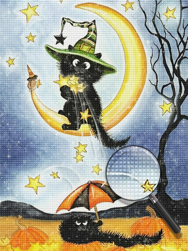 Schwarze Katze und Sichelmond an Halloween Diamond Painting