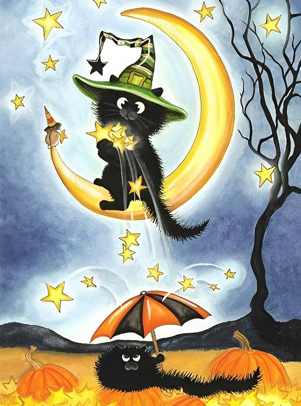 Schwarze Katze und Sichelmond an Halloween Diamond Painting
