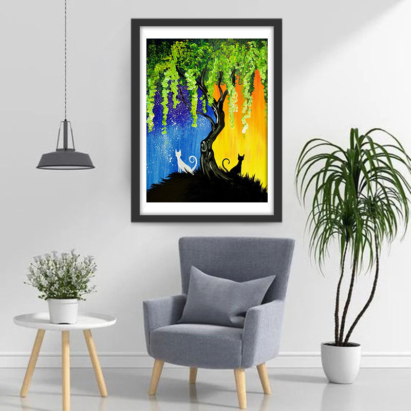 Schwarze Katze und weiße Katze unter dem Baum Diamond Painting