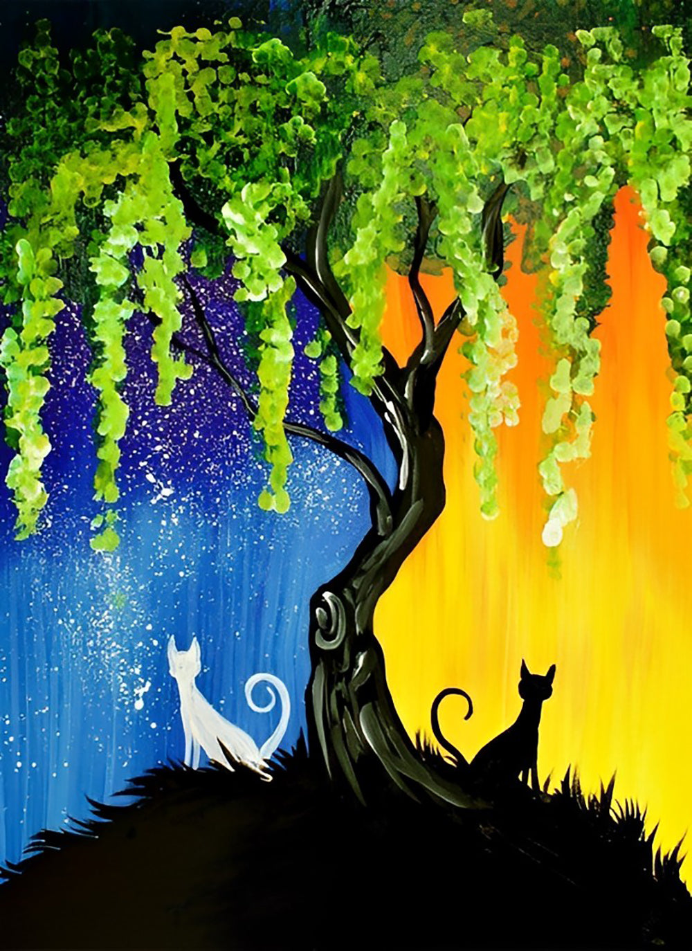 Schwarze Katze und weiße Katze unter dem Baum Diamond Painting