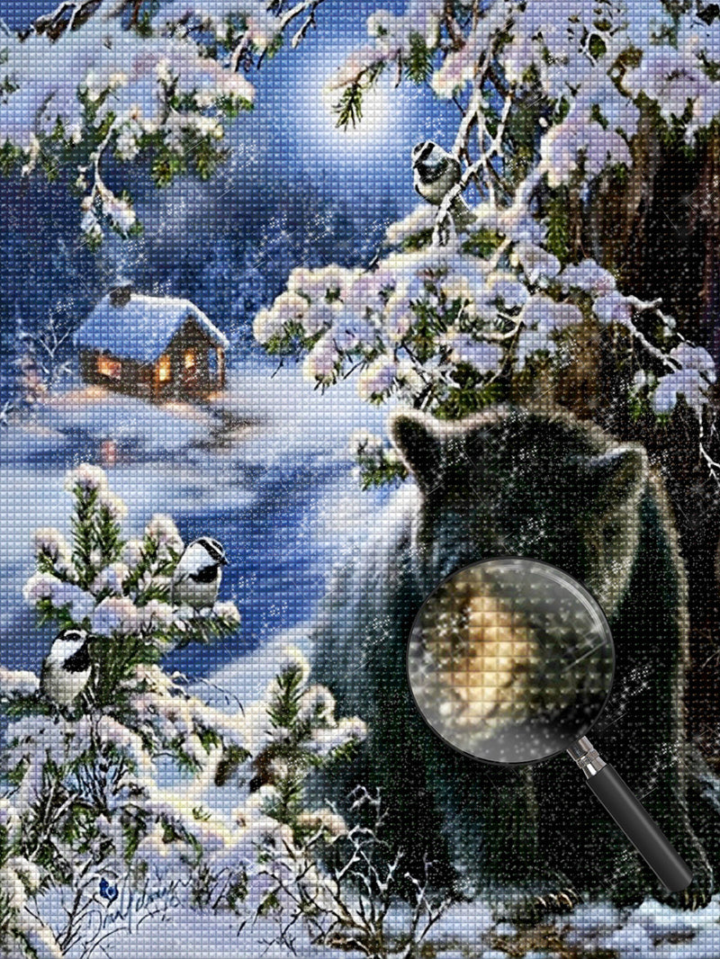 Schwarzer Bär und Hütte im Winter Diamond Painting