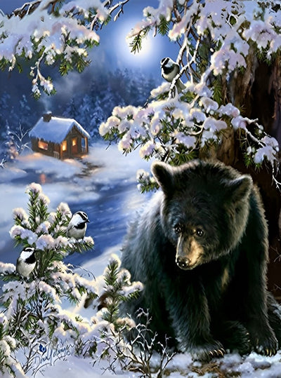 Schwarzer Bär und Hütte im Winter Diamond Painting