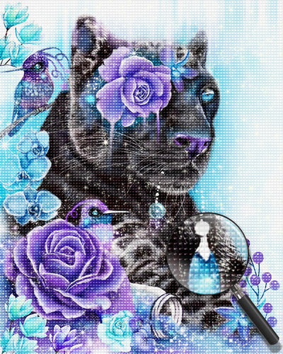 Schwarzer Löwe und lila Blumen Diamond Painting