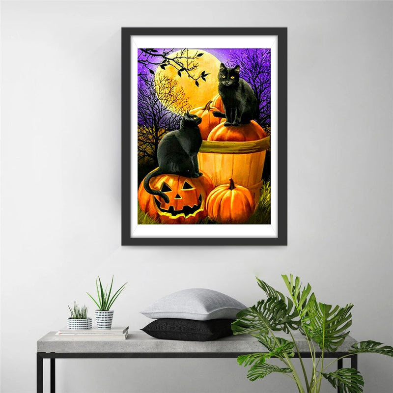 Schwarzes Katzenpaar, Kürbislaternen und Vollmond Diamond Painting