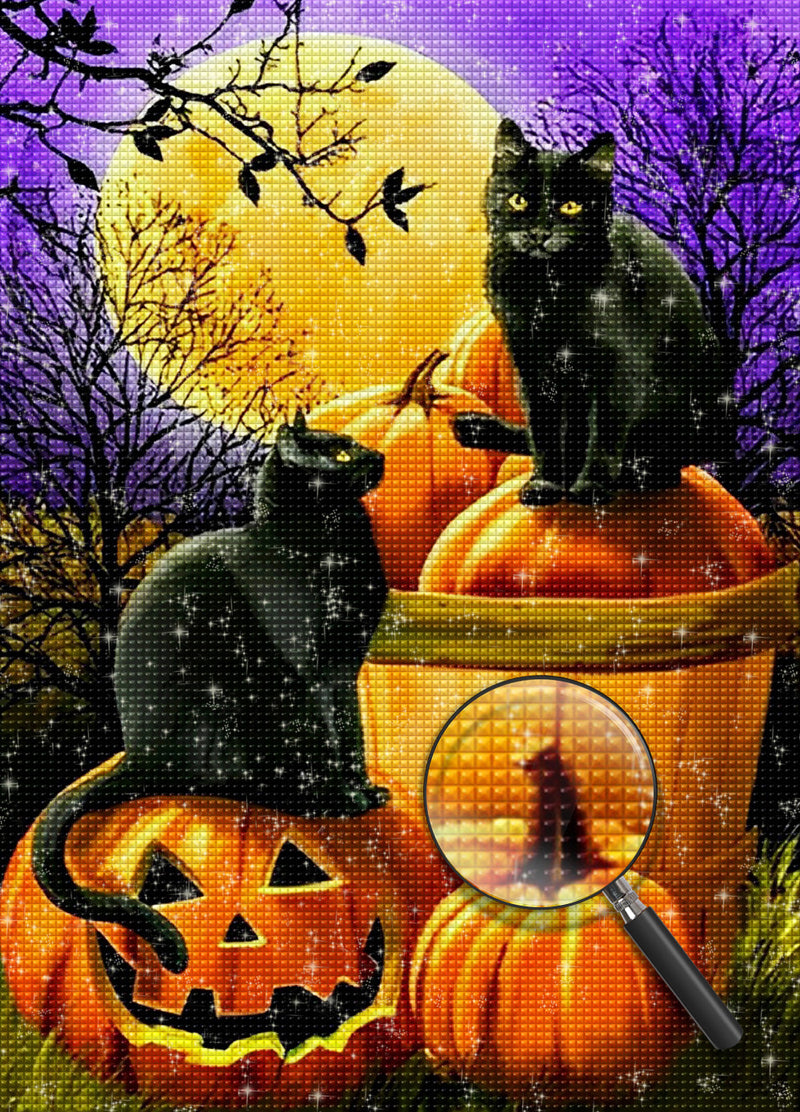 Schwarzes Katzenpaar, Kürbislaternen und Vollmond Diamond Painting