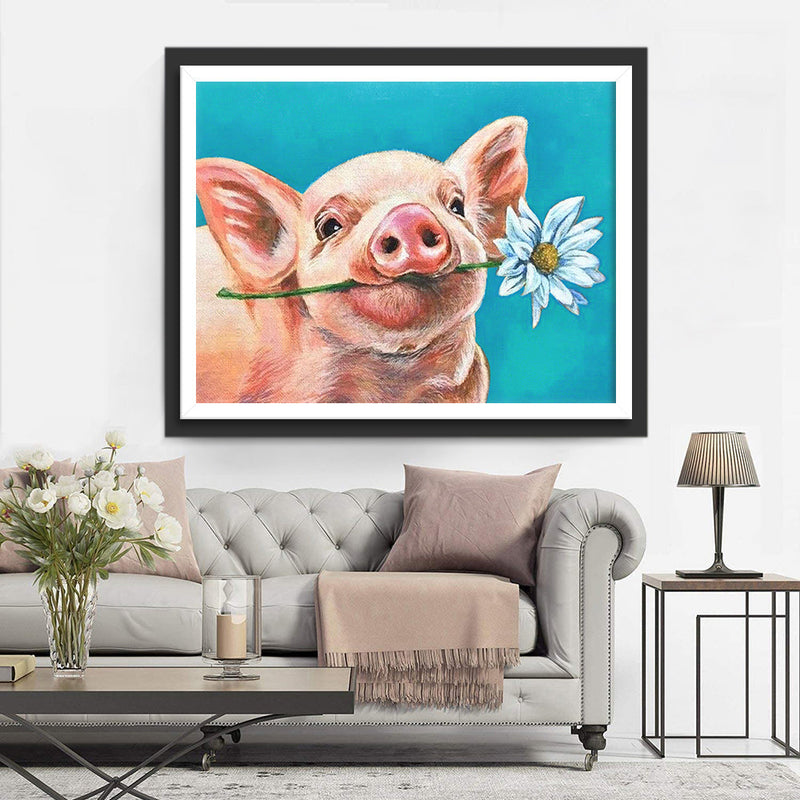 Schwein mit Gänseblümchen im Maul Diamond Painting