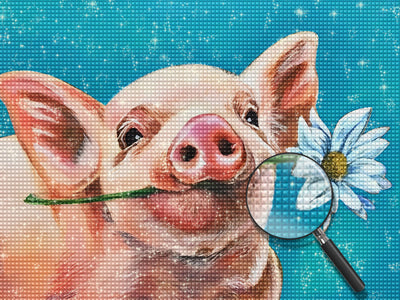 Schwein mit Gänseblümchen im Maul Diamond Painting