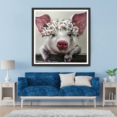 Schwein mit Gänseblümchenkranz Diamond Painting