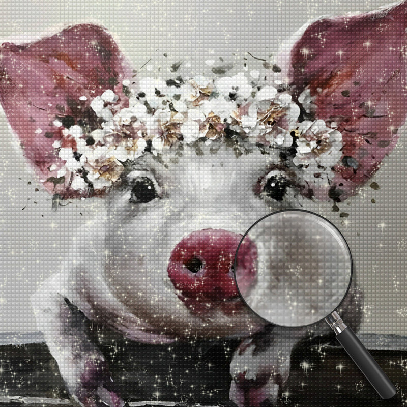 Schwein mit Gänseblümchenkranz Diamond Painting