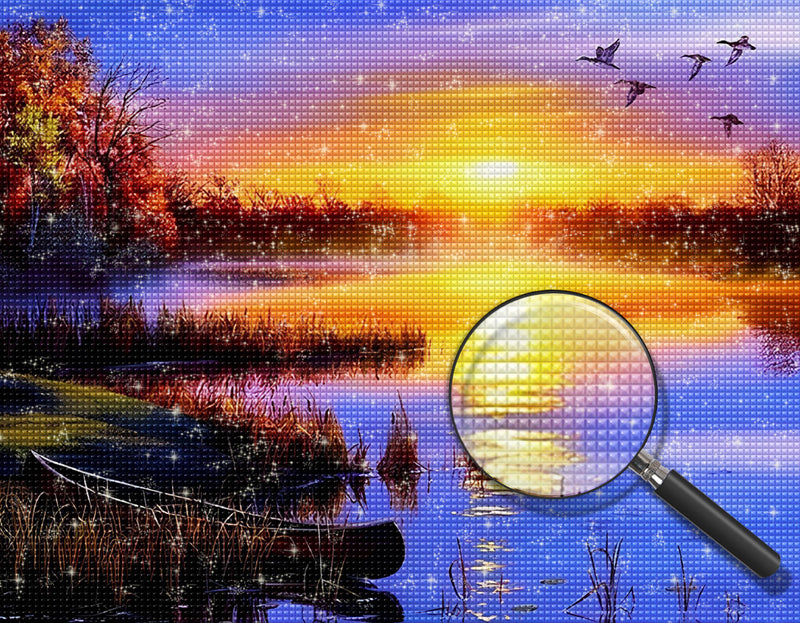 See und fliegende Vögel bei Sonnenuntergang Diamond Painting