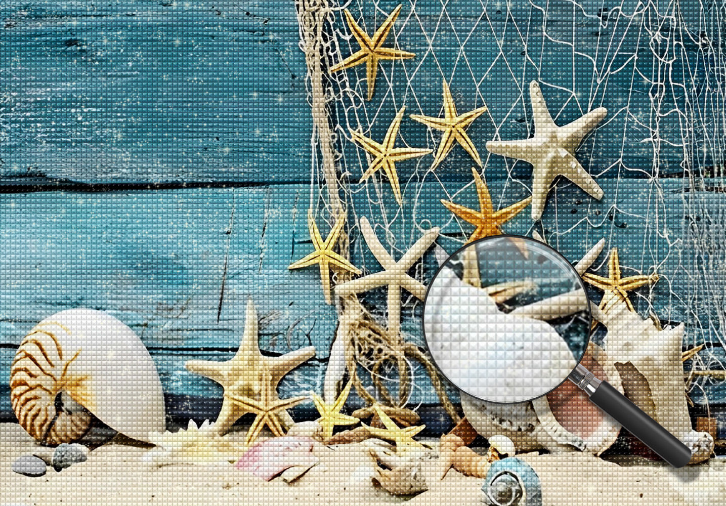 Seesterne und Muschel auf dem blauen Deck Diamond Painting