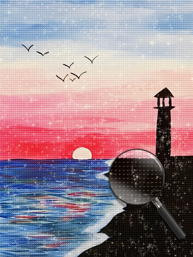 Sonnenaufgang, Leuchtturm und Möwen Diamond Painting