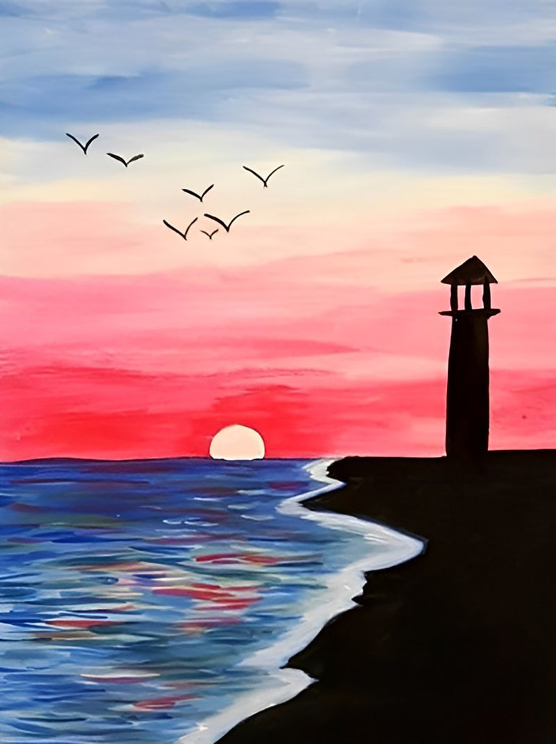 Sonnenaufgang, Leuchtturm und Möwen Diamond Painting