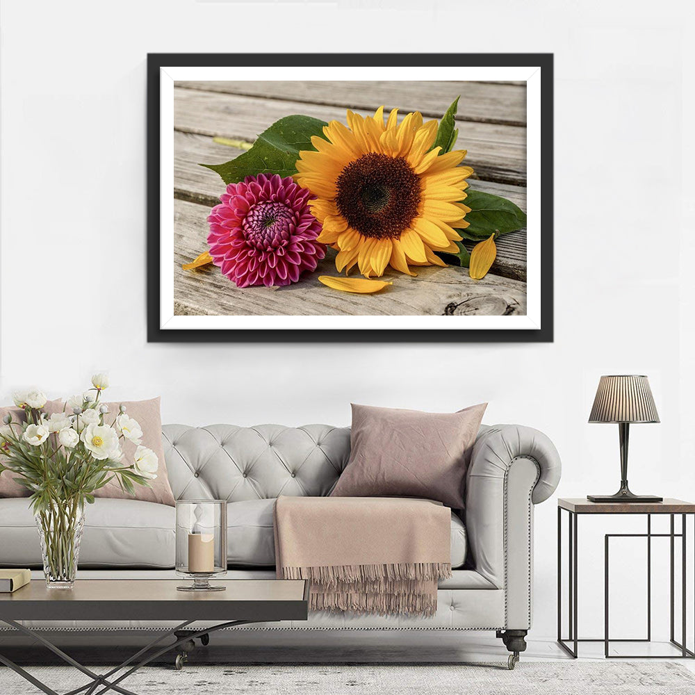Sonnenblume und Dahlie auf dem Brett Diamond Painting