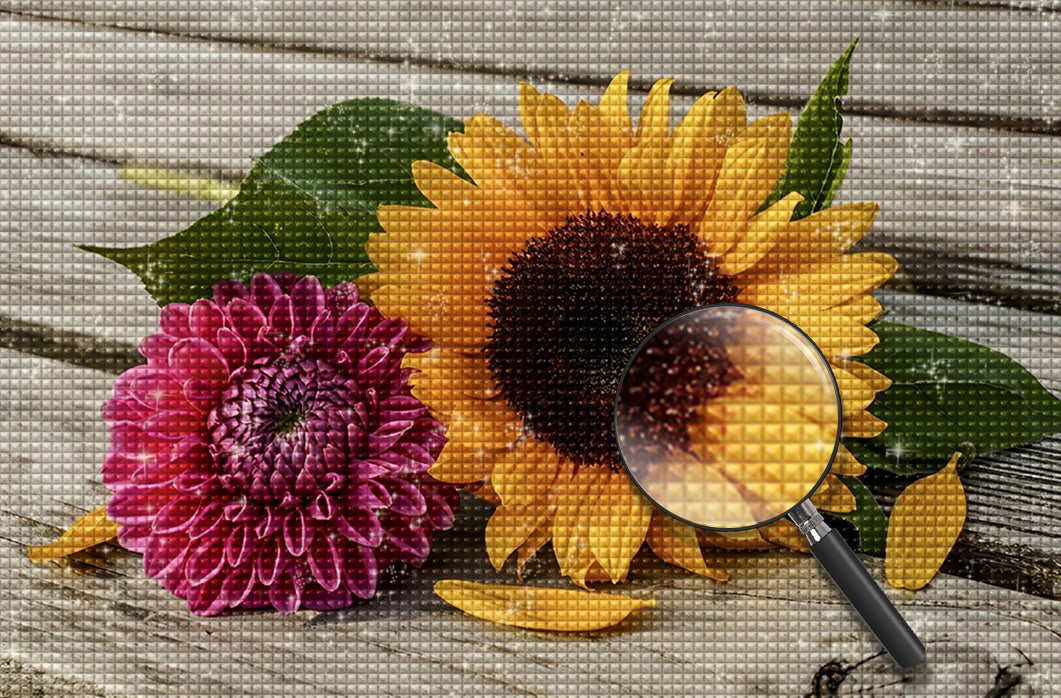 Sonnenblume und Dahlie auf dem Brett Diamond Painting