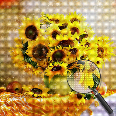 Sonnenblumen, Früchte und Tischtuch Diamond Painting