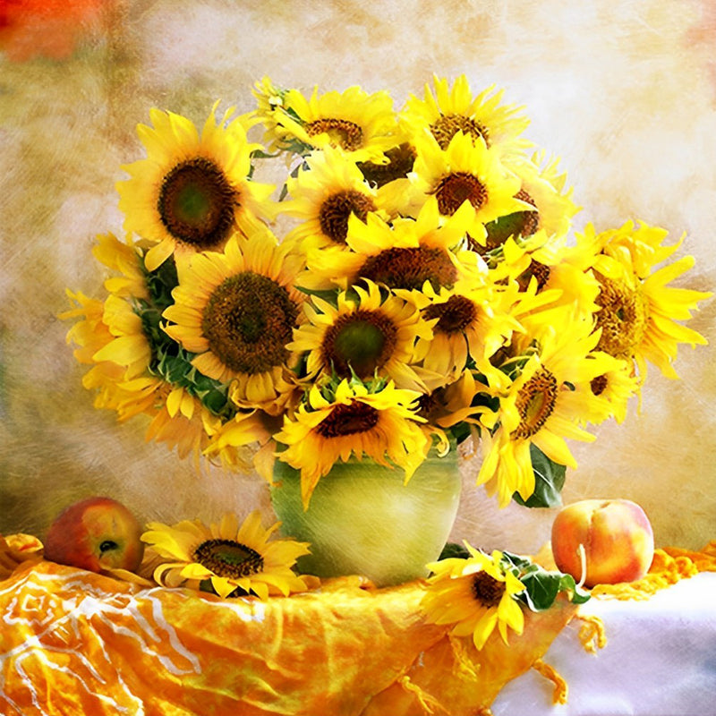 Sonnenblumen, Früchte und Tischtuch Diamond Painting