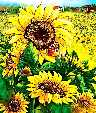 Sonnenblumen im Dorf Diamond Painting