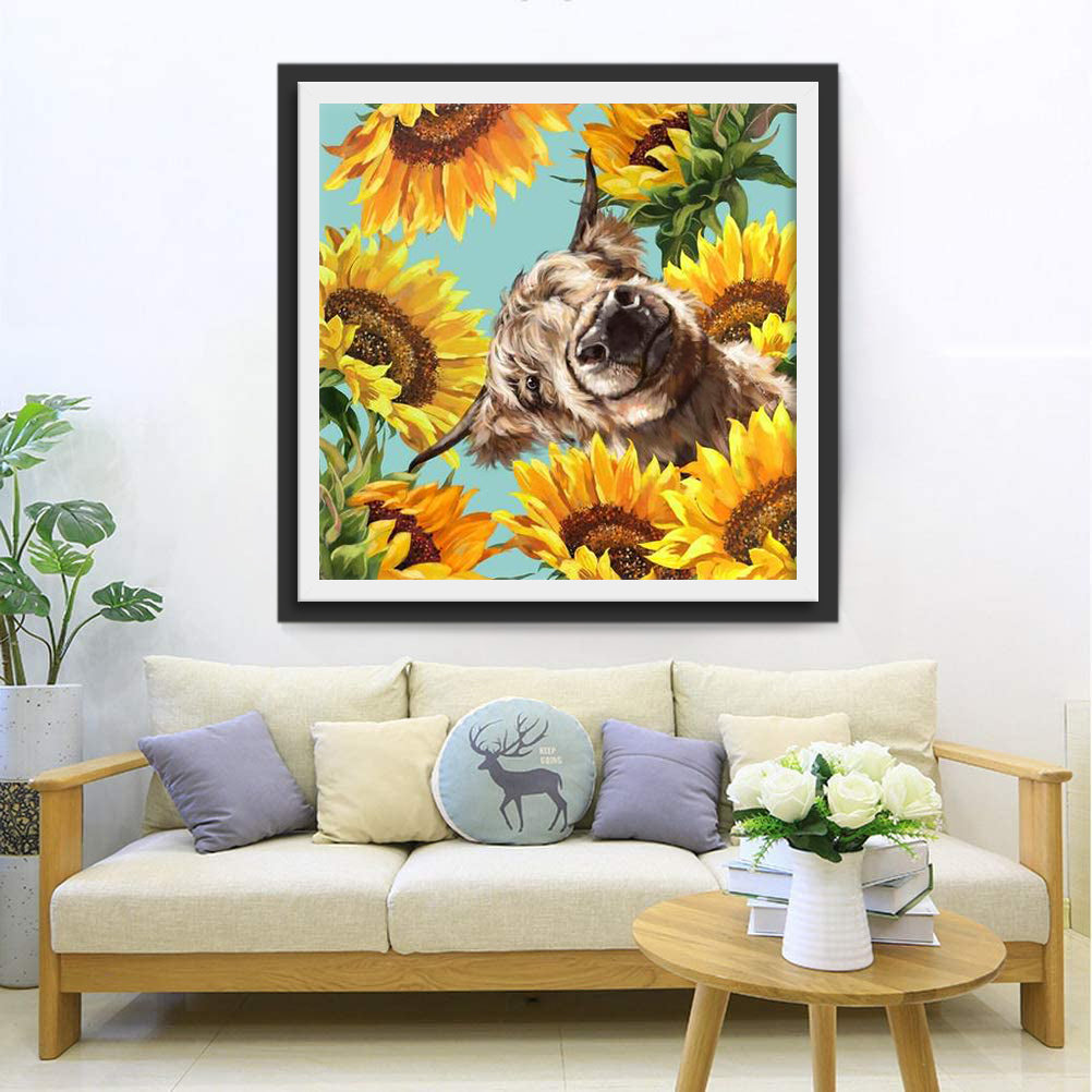 Sonnenblumen und Rind Diamond Painting