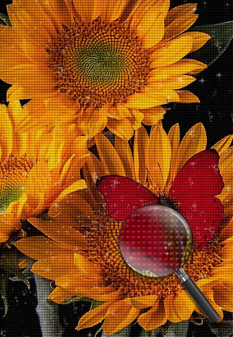 Sonnenblumen und roter Schmetterling Diamond Painting