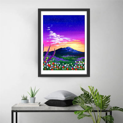 Sonnenuntergang, Berg und Tulpen Diamond Painting