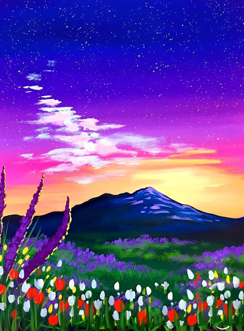 Sonnenuntergang, Berg und Tulpen Diamond Painting