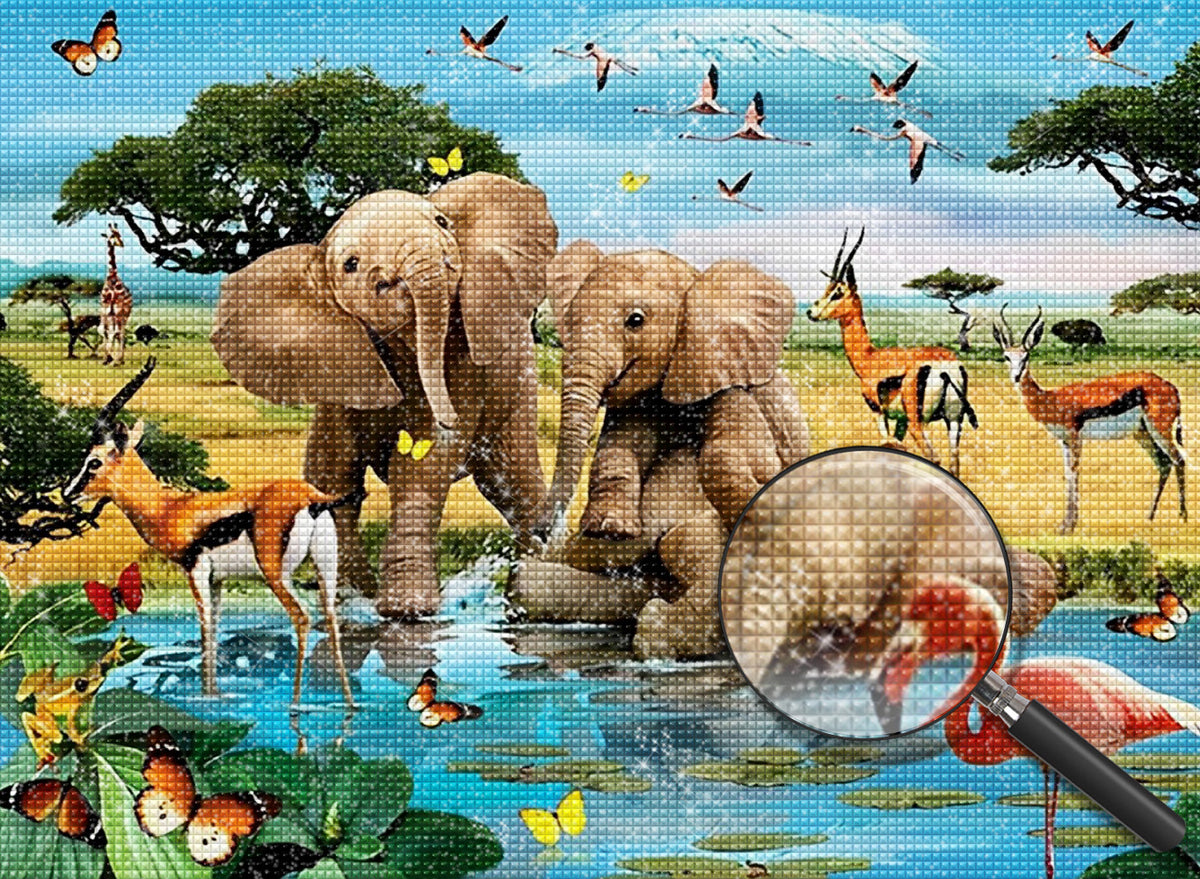 Spielende Tiere auf dem Gras am See Diamond Painting