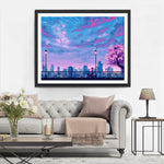 Stadt, Kirschblüte und Fahrrad fahrender Junge Diamond Painting