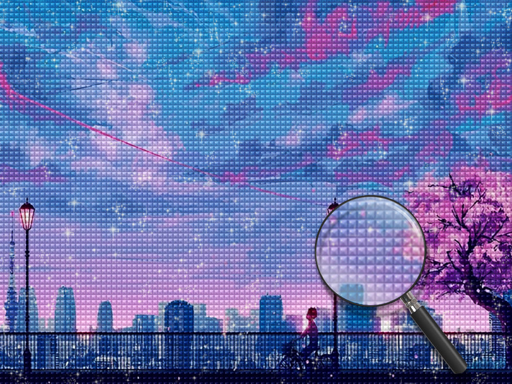 Stadt, Kirschblüte und Fahrrad fahrender Junge Diamond Painting