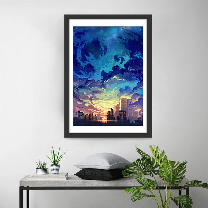 Stadt unter aufgewühlten Wolken Diamond Painting