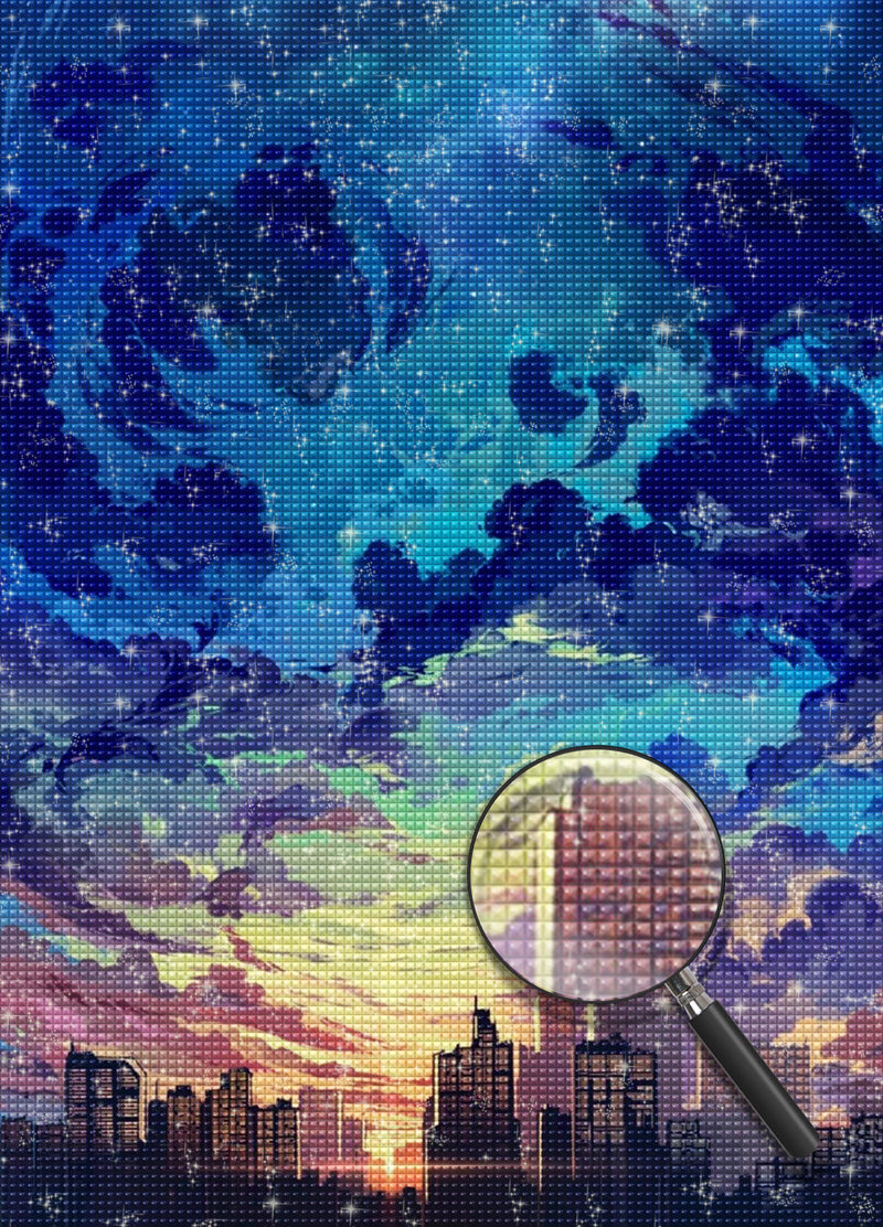 Stadt unter aufgewühlten Wolken Diamond Painting